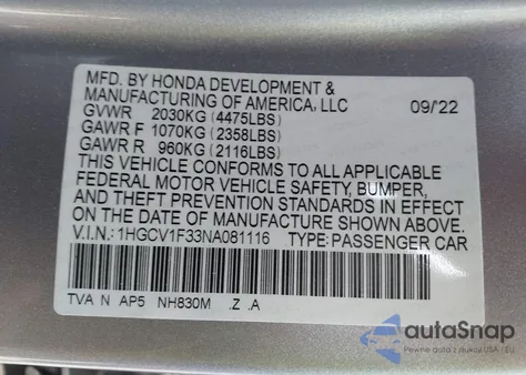 2022 Honda Accord Sport z USA, uszkodzony, nr VIN 1HGCV1F33NA081116